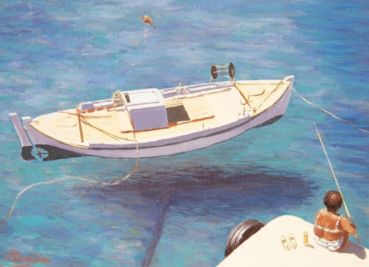 Ζωγραφικός πίνακας λευκής βάρκας δεμένης σε γαλάζια νερά.