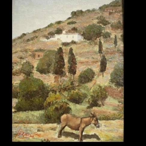 Ζωγραφικό νησιωτικό τοπίο με γαϊδουράκι, κυπαρίσσια και λευκά σπίτια.