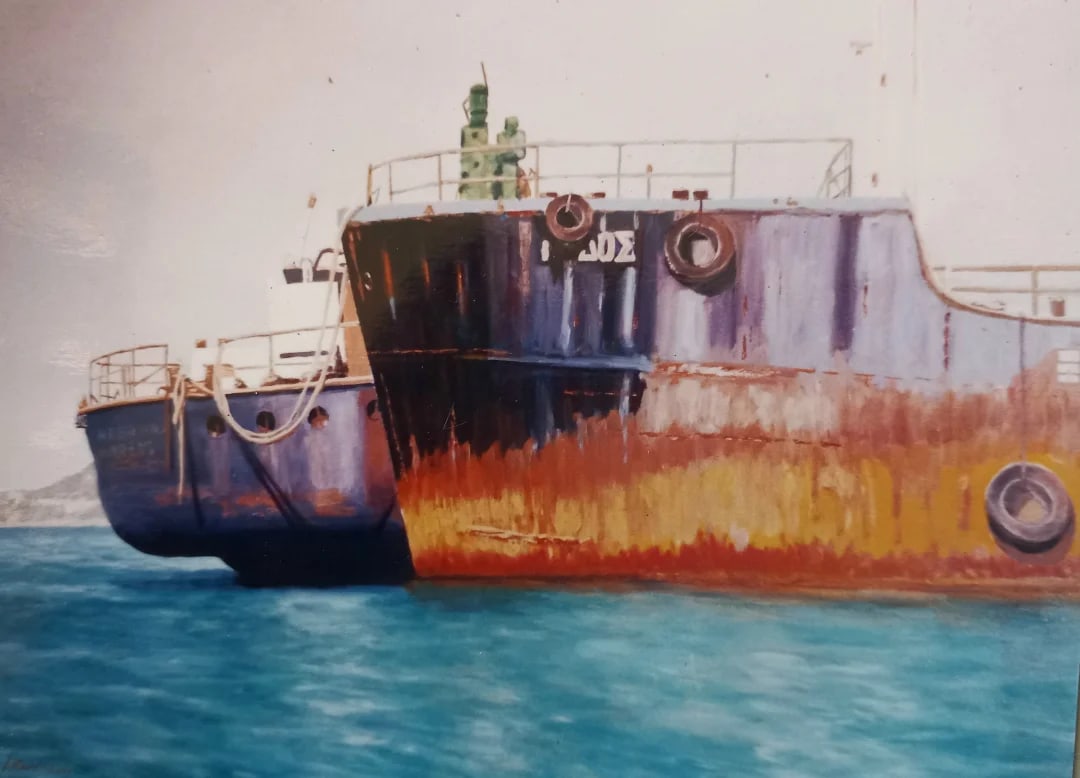 Ζωγραφική σύνθεση με σκουριασμένες πλώρες παλιών πλοίων.