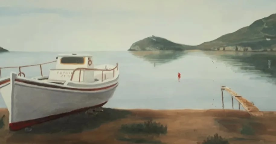 Ζωγραφικός πίνακας καϊκιού τραβηγμένου στη στεριά δίπλα σε ξύλινη προβλήτα.
